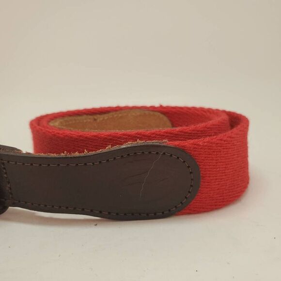 VTG Lacoste Men's Red Canvas Brown Leather Brass Buckle Belt 36 - Picture 2 of 7